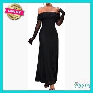 Off Shoulder Bodycon Maxi Dress Long Sleeve Mesh Ruched Formal Elegant